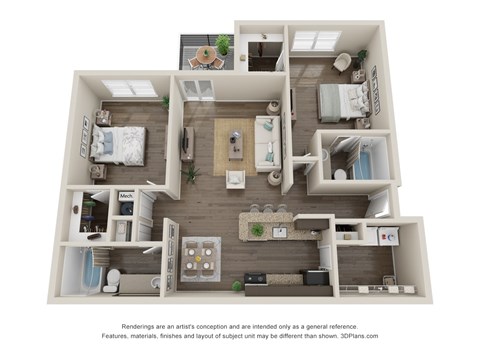 A 3D floor plan of a house with a kitchen, living room, and bathrooms.